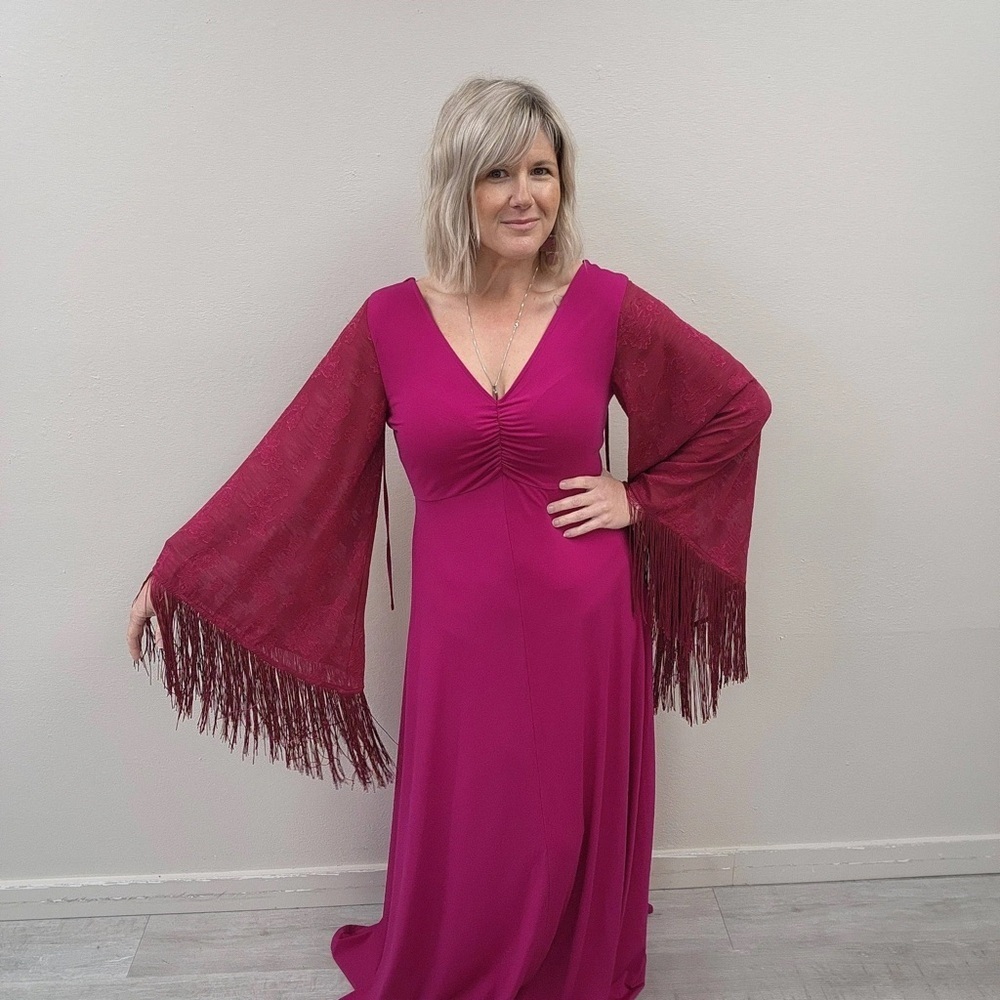 Unique Vintage Smak Parlour Fringed Bell Sleeved Maxi Dress - New! - Size 10/12